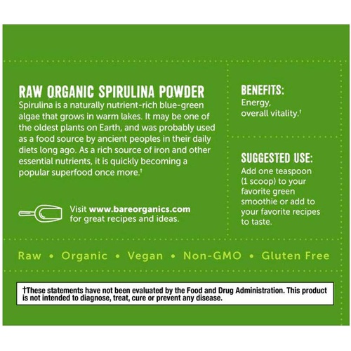 Bare Organics 12522 USDA Organic Chlorella Powder, Superfood Powder, Dietary Supplement, 8 Ounce