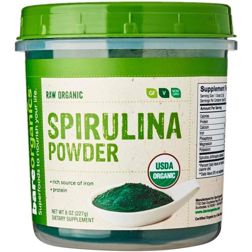  Bare Organics 13132 USDA Organic Raw Spirulina Powder, Whole Food Supplement, Gluten-Free & Non-GMO, 8 Ounce