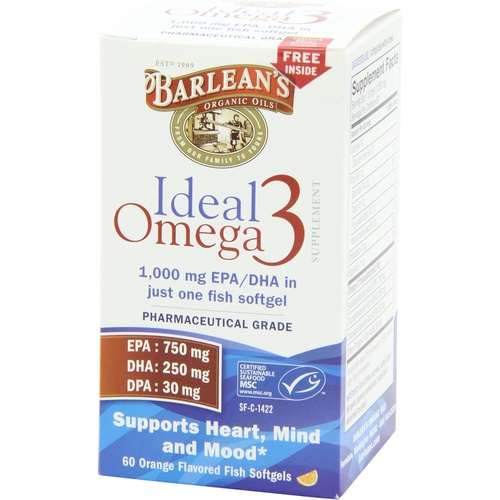  Barleans Organic Oils Barleans Ideal Omega-3 Fish Oil Softgels with 1,000 mg EPA/DHA for Heart, Mind and Mood* - Pharmaceutical Grade, Certified Sustainable, Orange Flavor - 60 ct