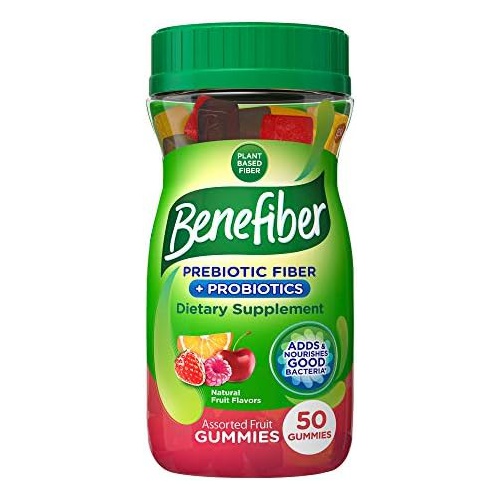  Benefiber Prebiotic Fiber Supplement Gummies for Digestive Health with Probiotics, Fiber Gummies for Adults, Assorted Fruit Flavor - 50 Count