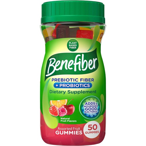  Benefiber Prebiotic Fiber Supplement Gummies for Digestive Health with Probiotics, Fiber Gummies for Adults, Assorted Fruit Flavor - 50 Count