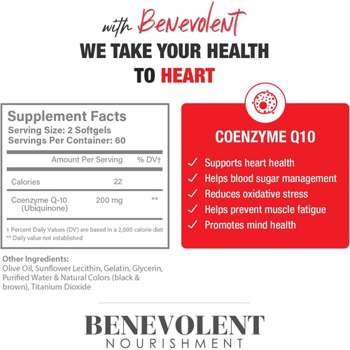  Benevolent Nourishment Premium CoQ10 200mg Extra Absorption 120 Softgels - Enhanced with Organic Olive Oil, Natural Coenzyme Q10 Ubiquinone, Non-GMO Supplements, Antioxidant for Heart Health & Energy, Gl