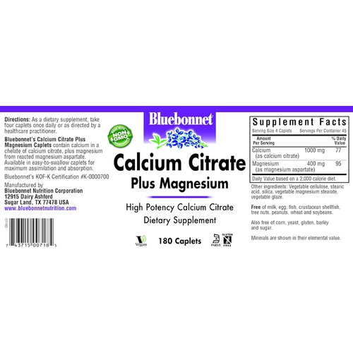  BlueBonnet Calcium Plus Magnesium Caplets, 180 Count
