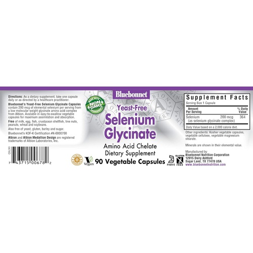  BlueBonnet Albion Yeast-Free Selenium Glycinate Vegetarian Capsules, 200 mcg, 90 Count