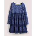 Boden Long Sleeve Jersey Tulle Dress - Starboard Blue/Gold Spot