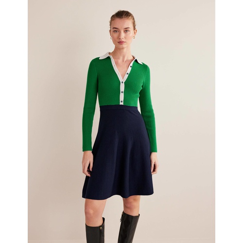 보덴 Boden Rib Detail Knitted Mini Dress - Green, Navy Colourblock