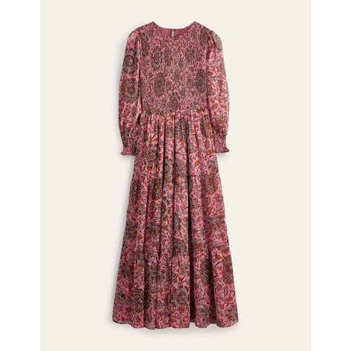 보덴 Boden Metallic Smocked Maxi Dress - Faded Rose, Floral Tapestry