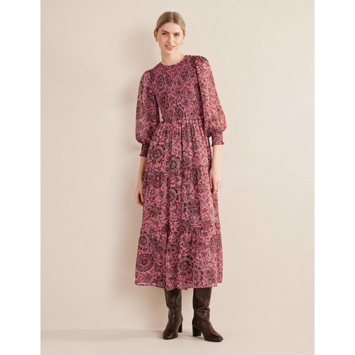 보덴 Boden Metallic Smocked Maxi Dress - Faded Rose, Floral Tapestry