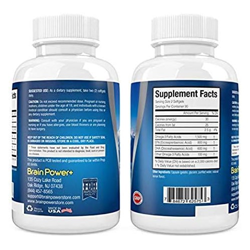  Brain Power Plus Omega 3 Fish Oil Burpless 2200 mg Per Serving, 800 mg EPA, 600 mg DHA - 1500 mg Total Omega-3 - Triple Strength Pharmaceutical Grade Liquid Softgel Capsules - 180 Count - Full 90 D