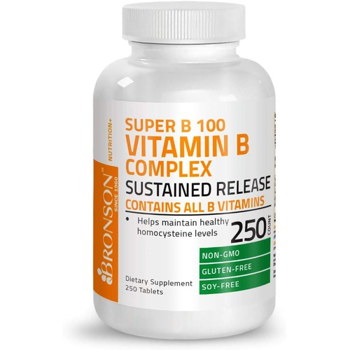  Bronson Vitamin B 100 Complex High Potency Sustained Release (Vitamin B1, B2, B3, B6, B9 - Folic Acid, B12), 250 Tablets