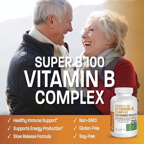 Bronson Vitamin B 100 Complex High Potency Sustained Release (Vitamin B1, B2, B3, B6, B9 - Folic Acid, B12), 250 Tablets