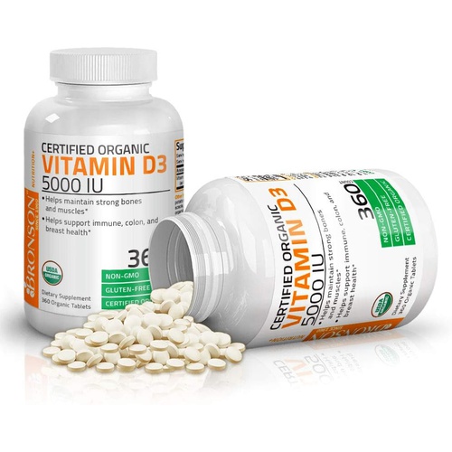  Bronson Vitamin D3 5,000 IU (1 Year Supply) for Immune Support, Healthy Muscle Function & Bone Health, High Potency Organic Non-GMO Vitamin D Supplement, 360 Tablets