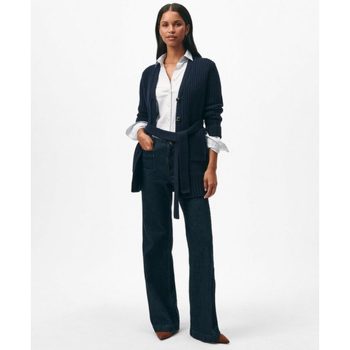 브룩스브라더스 Belted Removable Faux-Fur-Collar Tunic Cardigan in Merino Wool-Cashmere Blend