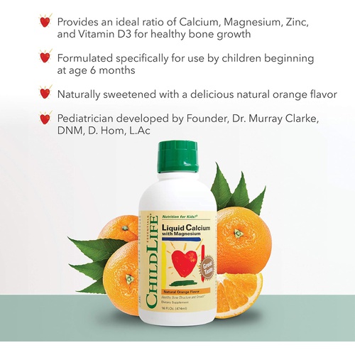  ChildLife Essentials Liquid Calcium Magnesium Supplement - Supports Healthy Bone Growth for Children, Contains Vitamin D3 & Zinc, All-Natural - Natural Orange Flavor, 16 Fl Oz Bott