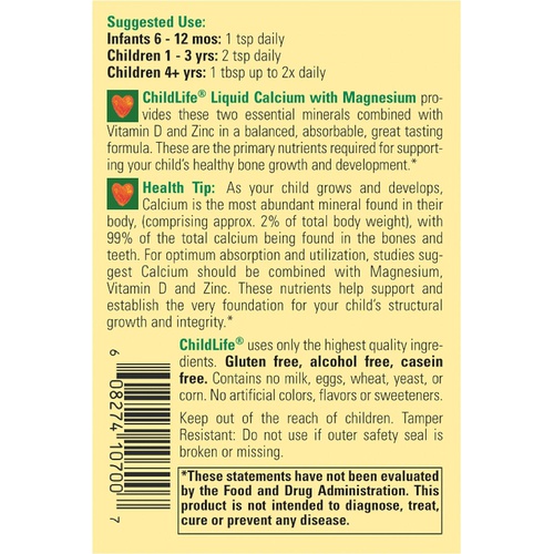  ChildLife Essentials Liquid Calcium Magnesium Supplement - Supports Healthy Bone Growth for Children, Contains Vitamin D3 & Zinc, All-Natural - Natural Orange Flavor, 16 Fl Oz Bott