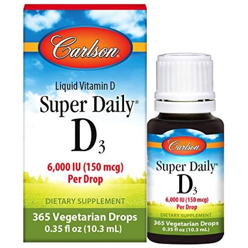  Carlson - Super Daily D3, 6000 IU (150 mcg) per Drop, Heart & Immune Health, Liquid Vitamin D3, 1-Year Supply, Unflavored, 365 Drops