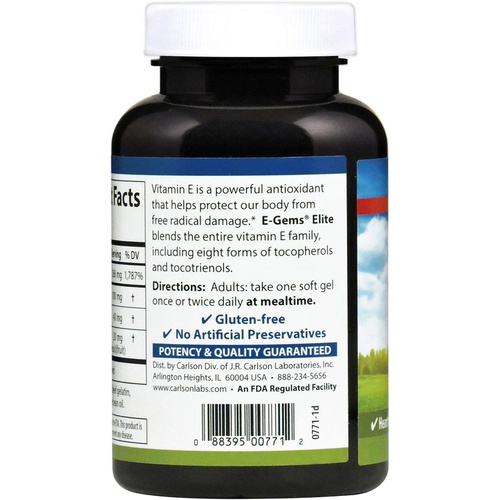  Carlson - E-Gems Elite, 400 IU (268 mg) Vitamin E with Tocopherols & Tocotrienols, Natural-Source, Vitamin E Capsules, Heart Health & Optimal Wellness, Antioxidant, Vitamin E Suppl