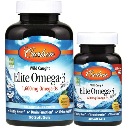  Carlson - Elite Omega-3 Gems, 1600 mg Omega-3 Fatty Acids Including EPA and DHA, Norwegian Fish Oil Supplement, Wild Caught, Sustainably Sourced Fish Oil Capsules, Lemon, 90+30 Sof