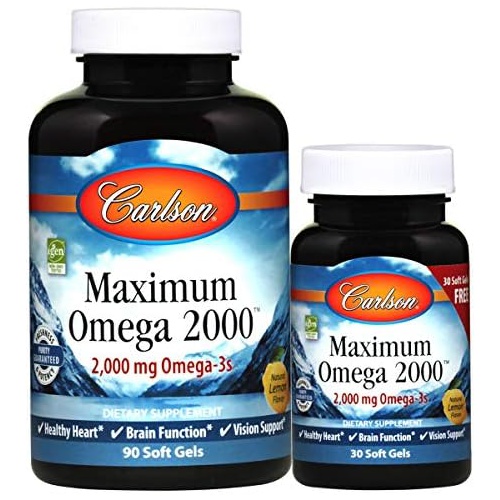  Carlson - Maximum Omega 2000, 2000 mg Omega-3 Fatty Acids Including EPA and DHA, Wild-Caught, Norwegian Fish Oil Supplement, Sustainably Sourced Fish Oil Capsules, Lemon, 90+30 Sof