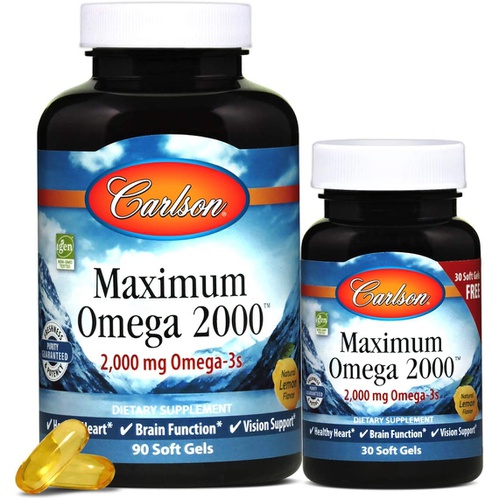  Carlson - Maximum Omega 2000, 2000 mg Omega-3 Fatty Acids Including EPA and DHA, Wild-Caught, Norwegian Fish Oil Supplement, Sustainably Sourced Fish Oil Capsules, Lemon, 90+30 Sof
