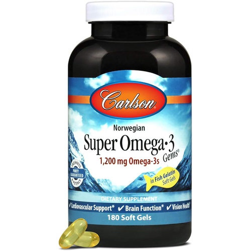  Carlson - Super Omega-3 Gems, 1200 mg Omega-3s, Cardiovascular Support, Brain Function & Vision Health, Norwegian, 180 soft gels
