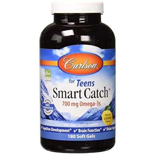  Carlson - Teens Smart Catch, 700 mg Omega-3s, Cognitive Development, Brain Function & Vision Support, Lemon, 180 Softgels