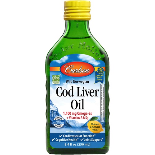  Carlson - Cod Liver Oil, 1100 mg Omega-3s, Liquid Fish Oil Supplement, Wild-Caught Norwegian Arctic Cod-Liver Oil, Sustainably Sourced Nordic Fish Oil Liquid, Lemon, 250 mL