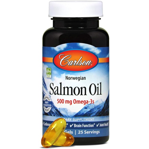  Carlson - Norwegian Salmon Oil, 500 mg Omega-3s, Norwegian Salmon Oil Supplement, Wild Caught Omega 3 Salmon Oil Capsules, Sustainably Sourced, Brain, Heart & Joint Health, 50 Soft