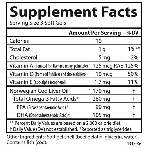  Carlson - Cod Liver Oil Minis, 280 mg Omega-3s + Vitamins A & D3, Heart Support & Cognitive Function, Vision Health, 250 Mini Soft Gels