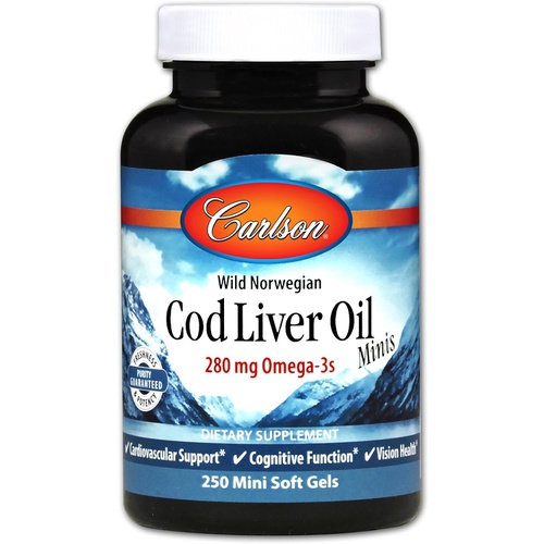  Carlson - Cod Liver Oil Minis, 280 mg Omega-3s + Vitamins A & D3, Heart Support & Cognitive Function, Vision Health, 250 Mini Soft Gels