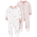 Baby Girls and Baby Boys Cotton Two Way Zip Footed Coveralls Pack of 2