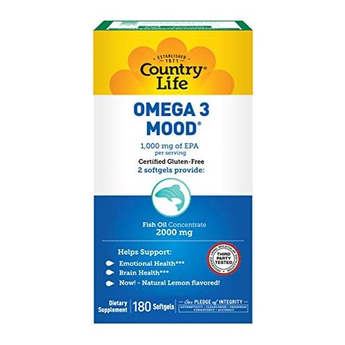  Country Life Omega 3 Mood, 2000mg Fish Oil with EPA & DHA, 180 Softgels, Certified Gluten Free