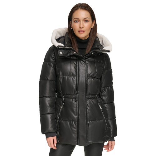 DKNY Womens Faux-Leather Faux-Shearling Hooded Anorak Puffer Coat
