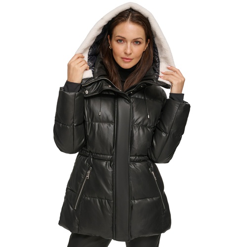 DKNY Womens Faux-Leather Faux-Shearling Hooded Anorak Puffer Coat