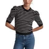 Womens Striped Ruched-Sleeve Crewneck Top