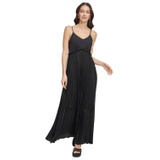 Womens Solid Tiered Pleated Sleeveless Mesh Maxi Dress