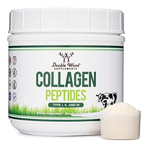  Double Wood Supplements Hydrolyzed Collagen Peptides Protein Powder - KETO - 16.08oz - Multi Type 1, 2, and 3 (Grass Fed Bovine Source)(Colageno Hidrolizado) For Women and Men, Unflavored - No Clump with
