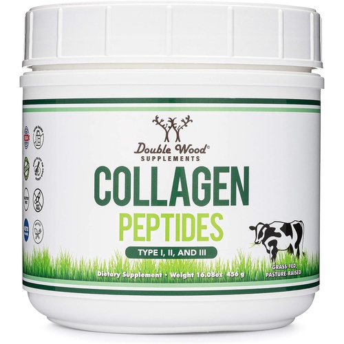  Double Wood Supplements Hydrolyzed Collagen Peptides Protein Powder - KETO - 16.08oz - Multi Type 1, 2, and 3 (Grass Fed Bovine Source)(Colageno Hidrolizado) For Women and Men, Unflavored - No Clump with