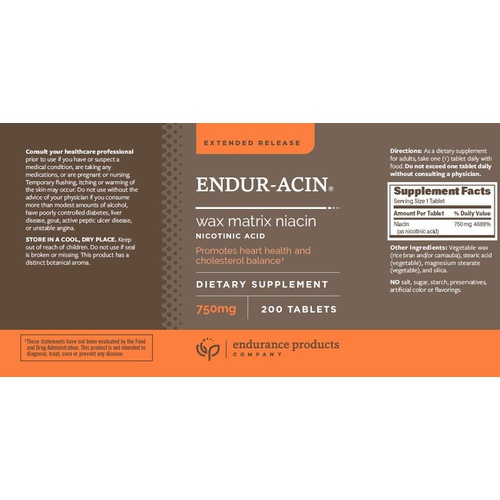  Endurance Products ENDUR-ACIN 750mg Niacin - Extended Release for Optimal Absorption & Low-Flush Vitamin B3, 200 Tablets - Non-GMO, Vegan, Gluten Free Company