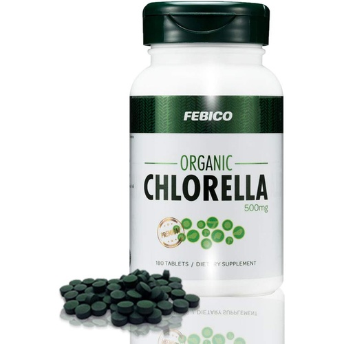  FEBICO Organic Chlorella Tablets- 500mg, 180 Counts, 30 Days Supply- USDA, Naturland, Halal Certified- Vegan, Non-GMO, High Dietary Fiber, Rich Protein Best Green Superfoods