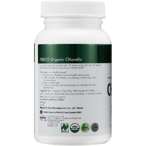  FEBICO Organic Chlorella Powder 100% Vegetarian Superfood-100 Grams -Cracked Cell Wall Patent Tech with Rich Vitamins, Minerals and Protein -USDA, Naturland, Halal Certified