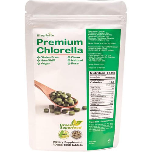  FEBICO Biophyto Chlorella Tablets 1250 Counts - Cracked Cell Wall - Non GMO - Rich Vitamins & Minerals, No Additives- 100% Pure Green Superfood - Natural Detox - High Dietary Fiber - Natu