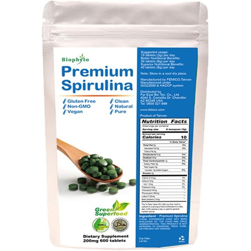  FEBICO Biophyto Spirulina 200mg 600 Tablets -High Protein, Rich in Multivitamins & Minerals- Enriched Vit.B12 - 100% Pure -Vegan Green Superfood- Non GMO, Non-Irradiated, Boosts Energy an