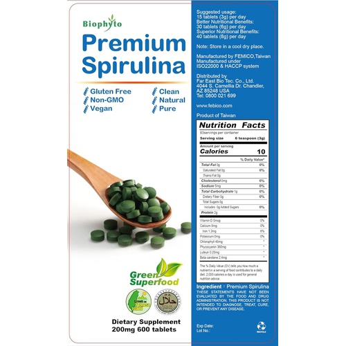  FEBICO Biophyto Spirulina 200mg 600 Tablets -High Protein, Rich in Multivitamins & Minerals- Enriched Vit.B12 - 100% Pure -Vegan Green Superfood- Non GMO, Non-Irradiated, Boosts Energy an