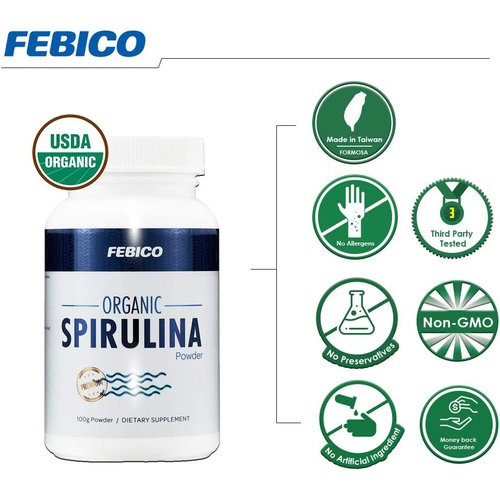  FEBICO Premium Organic Spirulina Powder- Vegan, Enriched Vitamin B12 Complex, Phycocyanin, Energy Boost, Non-GMO, Gluten Free & Non-Irradiated, USDA, Naturland, Halal Certified-100
