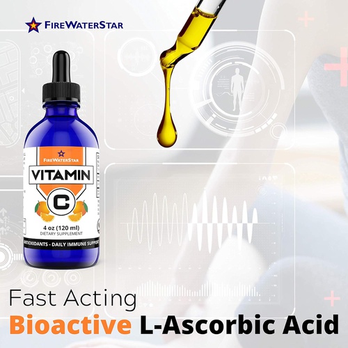 FIREWATERSTAR HEALTH SUPPLEMENTS Liquid Vitamin C - Easy Liquid Drops - Bioactive Ascorbic Acid - 4oz - 120 Servings (4 Month Supply) - Organic, Non-GMO, Vegan - Immune Support, Skin Health, Antioxidants - for Adu