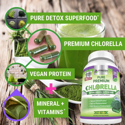  FRESH HEALTHCARE Premium Chlorella Supplement, 1200mg Pure Vegan Powder Capsules, 180 Chlorophyll and CFG Pills, Natural Detox Superfood, Naturally Contains B Vitamins and Minerals