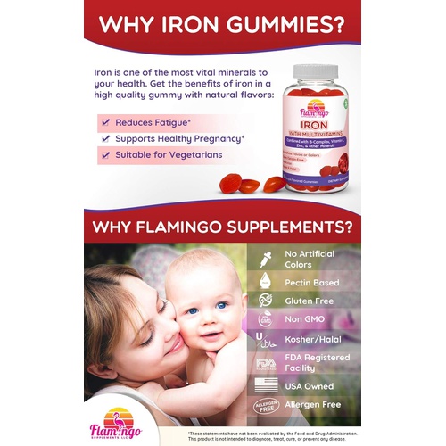  Flamingo Supplements Iron Gummies Plus Multivitamin- Vitamin C, Zinc, B Complex, and Biotin for Fatigue, Anemia, Pregnancy. Good for Vegans and Vegetarians, Women, Kids, and Men. Grape Flavor. 60 Count