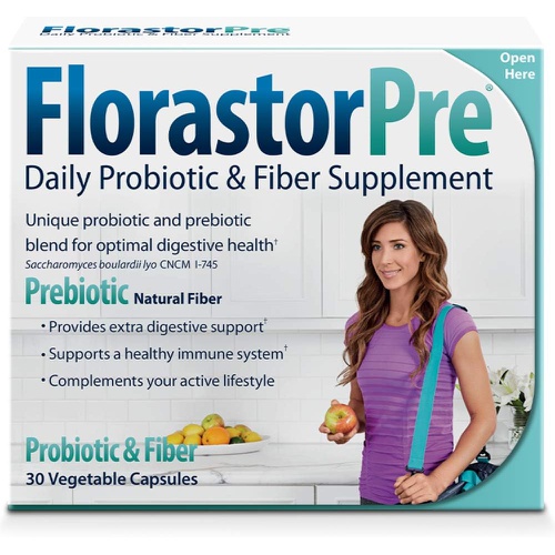  Florastor Select Gut Boost Daily Probiotic & Prebiotic Supplement for Women and Men, Boosts Good Bacteria, Saccharomyces Boulardii CNCM I-745 (30 Capsules)