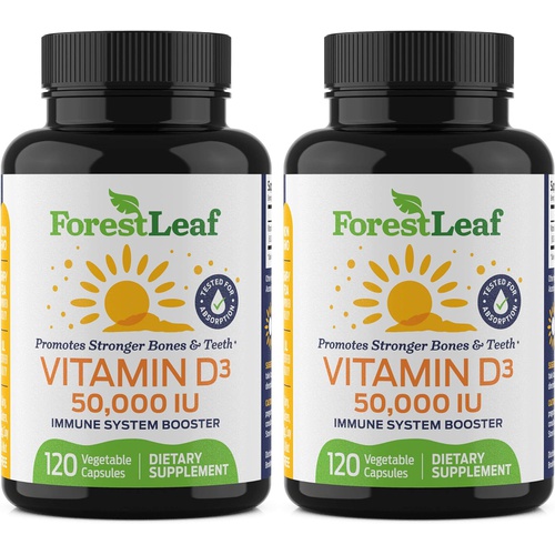  ForestLeaf - Vitamin D3 50,000 IU Weekly Supplement - 120 Vegetable Vitamin D Capsules for Bones, Teeth, and Immune Support - Easy Swallow Pure Vitamin D3 50000 IU- Non GMO Pills